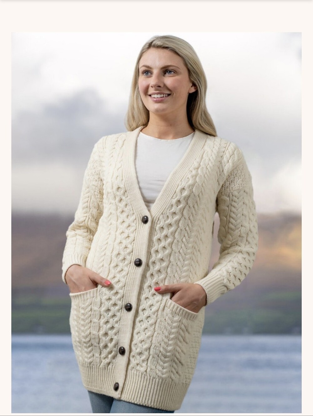 Aran Mor Merino Wool Cream Cable Knit Boyfriend Cardigan Sweater Sz.M NWT